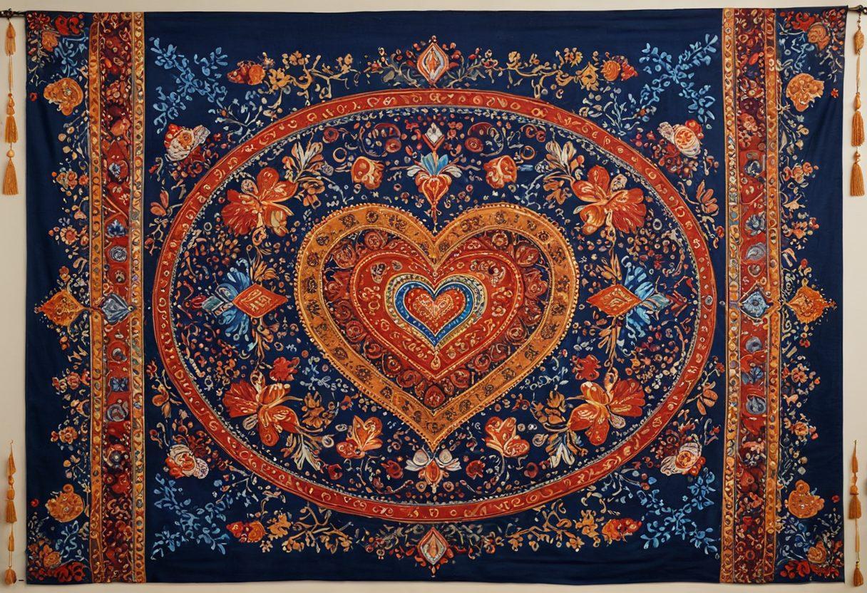A beautifully intertwined tapestry showcasing diverse couples in loving embraces, surrounded by threads of vibrant colors representing their unique love stories. Elements like hearts and symbolic objects that reflect shared interests weave through the tapestry, creating a sense of connection and togetherness. Soft, warm lighting enhances the romantic feel of the scene. bohemian art style. vibrant colors. warm tones.