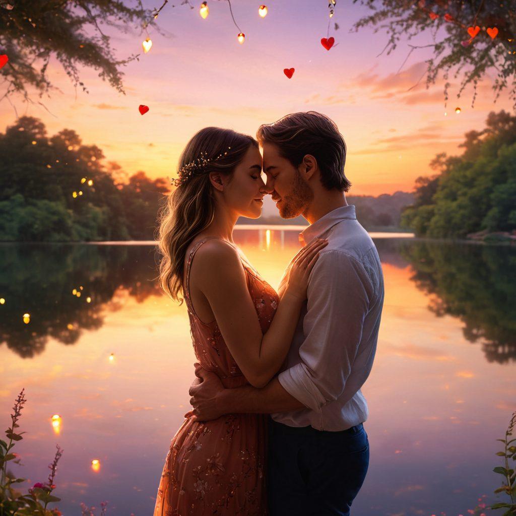 A heartwarming scene of a couple sharing a deep embrace, surrounded by soft, glowing fairy lights that symbolize passion and intimacy. In the background, a colorful sunset reflects off a serene lake, enhancing the emotional atmosphere. Subtle symbols of love, like hearts and flowers, float gently around them. The focus is on the expressions of love and connection between the couple. super-realistic. vibrant colors. dreamy ambiance.