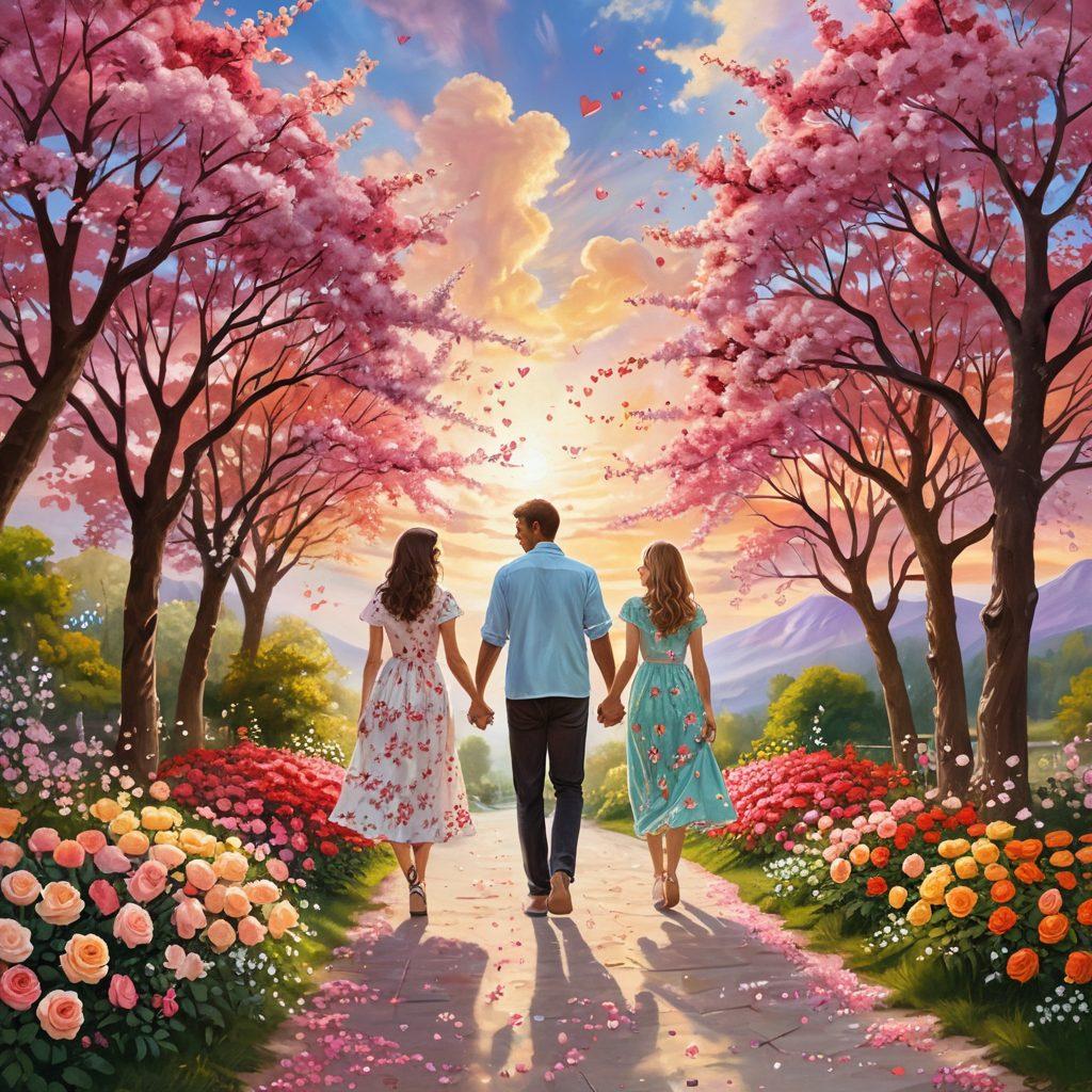A whimsical scene depicting a couple walking hand in hand on a sunlit path through a blooming garden filled with roses and cherry blossoms. The background features soft colorful clouds shaped like hearts, signifying love's magic. The couple radiates joy and connection, surrounded by sparkles and hints of stardust to represent heartfelt journeys. Artistic touches and a dreamy atmosphere invite feelings of warmth and nostalgia. vibrant colors. super-realistic.